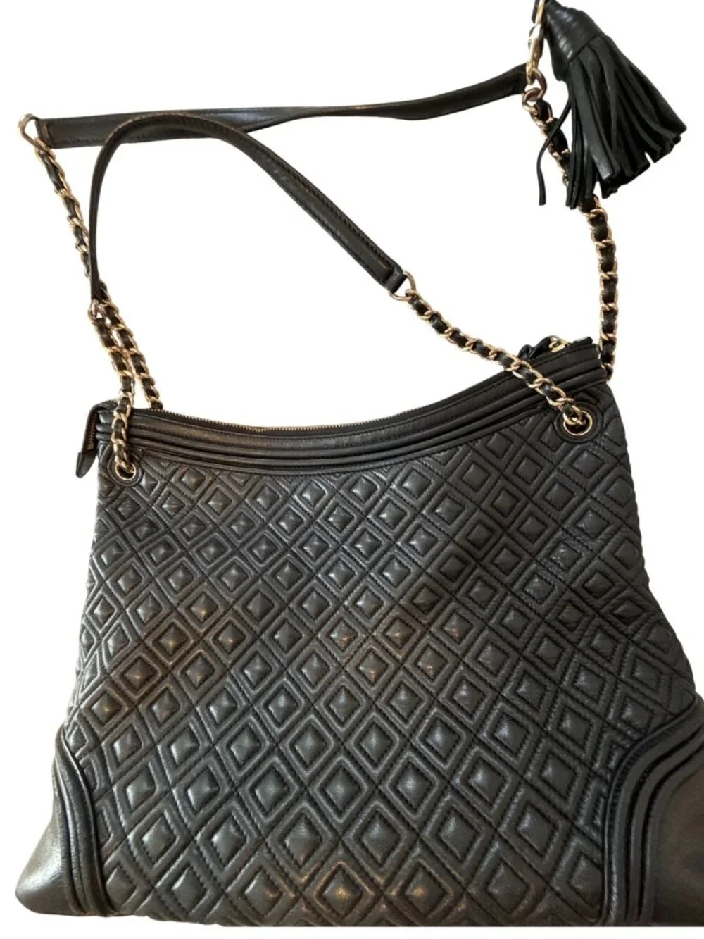Tory Burch Fleming Quilted Leather Tote Bag Black Gold Chain Shoulder Bag